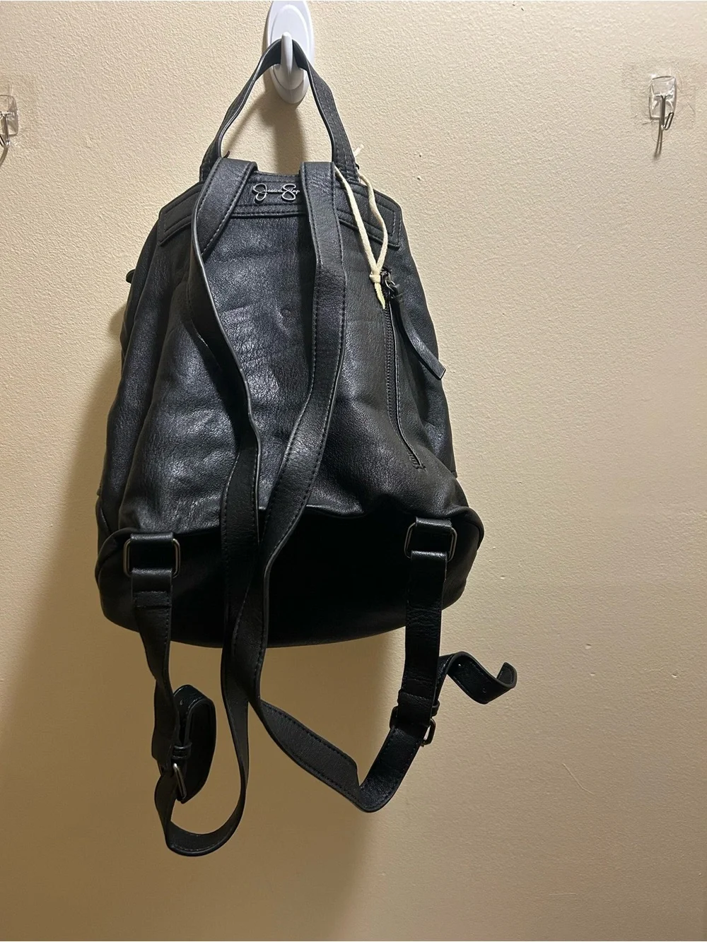 Jessica Simpson Black Leather Backpack with Front Zip Pockets